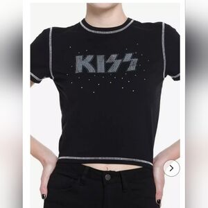 Rhinestone Kiss Band Contrast Stitching Baby Tee NWOT